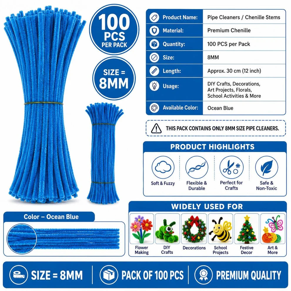 Premium Ocean Blue Pipe Cleaners (7MM-8MM Approx.)