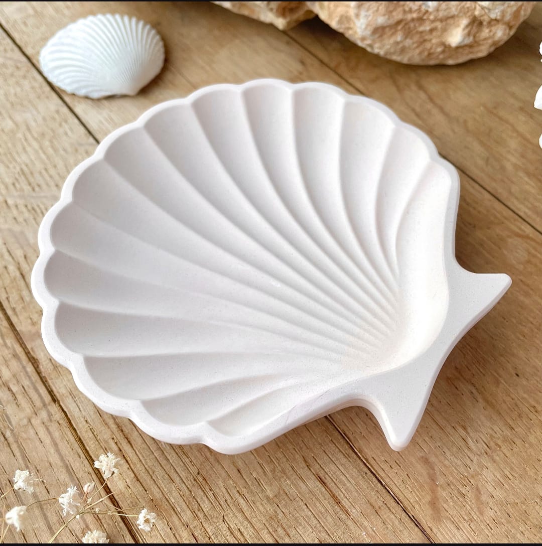 White shell-shaped dish on a wooden surface with seashells in the background