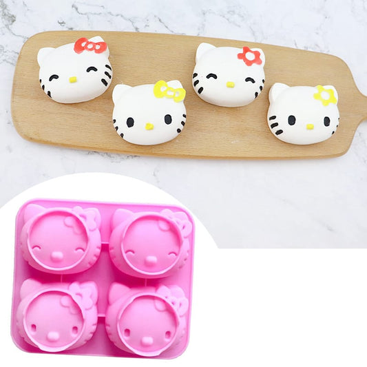 4 Cavity Hello Kitty Cartoon Cat Face Mould for DIY Concrete Art, Resin Crafts, Soap Making & Cake Making Silicone Mould