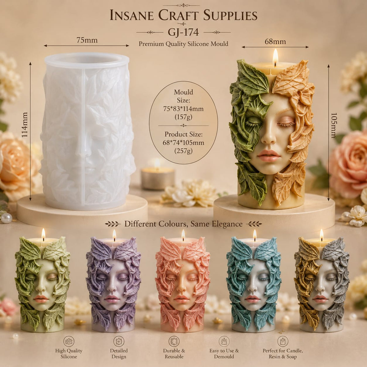 3D Leaf Lady Pillar Silicon Candle Mould GJ174