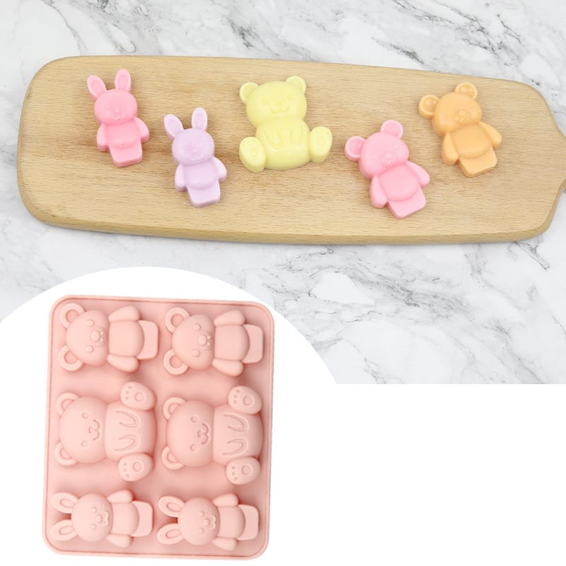 6 Cavity Cartoon Teddy Bear & Bunny Rabbit Tray Mould for DIY Concrete Art, Resin Crafts, Soap Making & Cake Making Silicone Mould