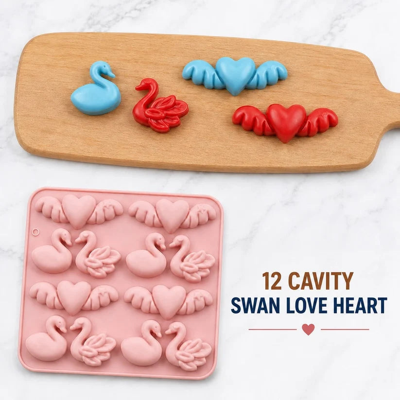 12-Cavity Swan & Winged Heart Silicone Mould for Concrecast Art | Swan Love Heart DIY Casting Mould