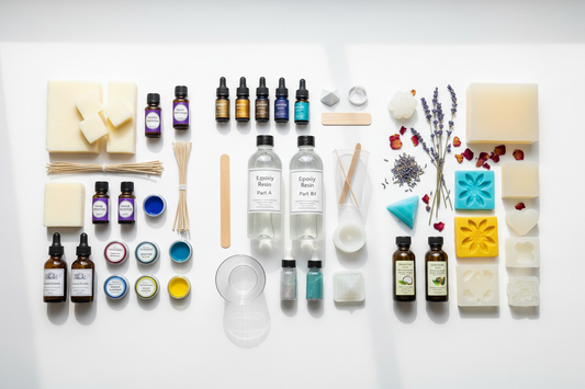 "A professional display of crafting essentials including high-quality candle making material, clear resin art material, and specialized soap making material arranged with silicone candle moulds on a white workspace."