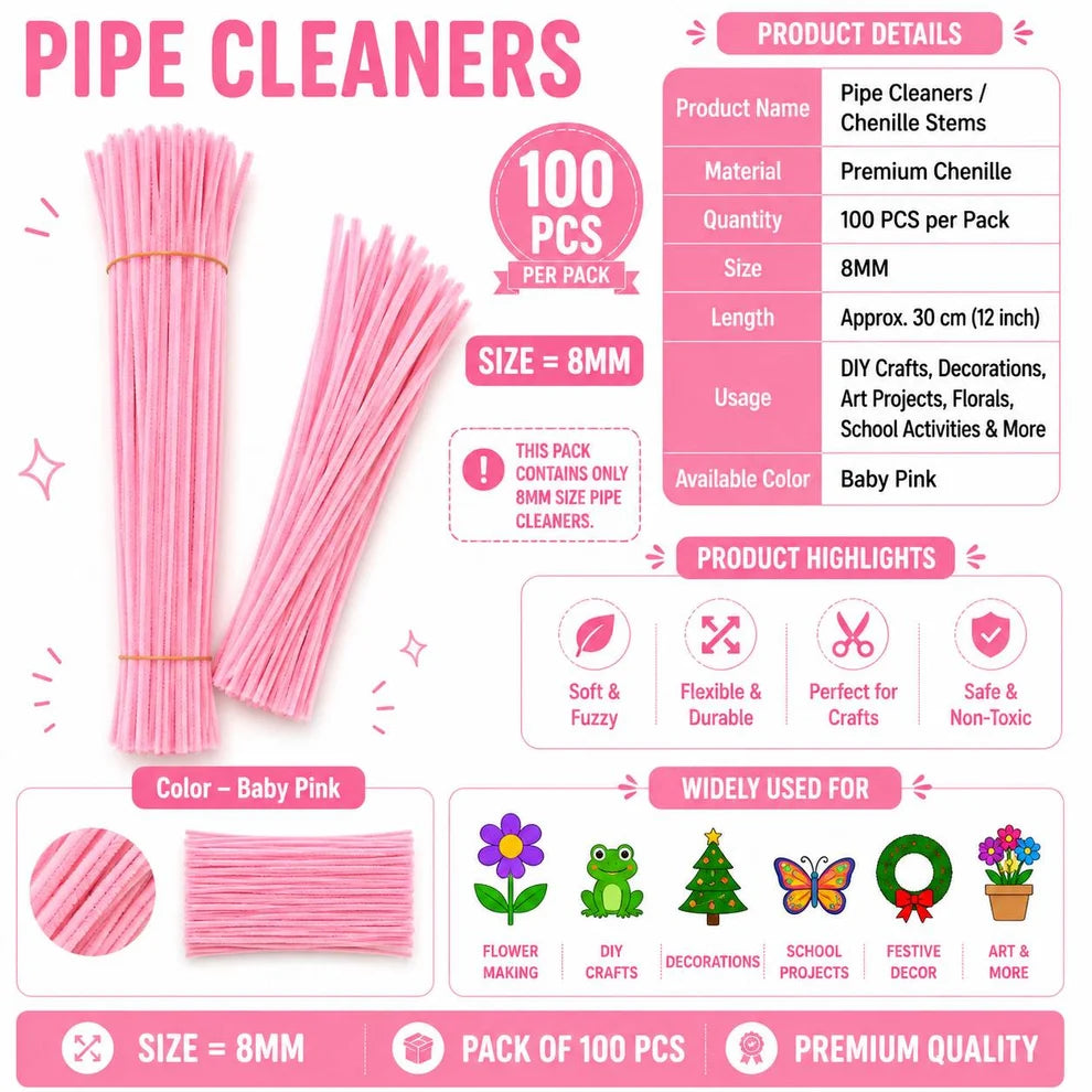Premium Baby Pink Pipe Cleaners (7MM-8MM Approx.)