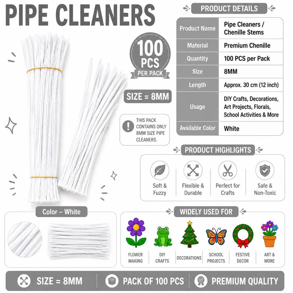 Premium White Pipe Cleaners (7MM-8MM Approx.)
