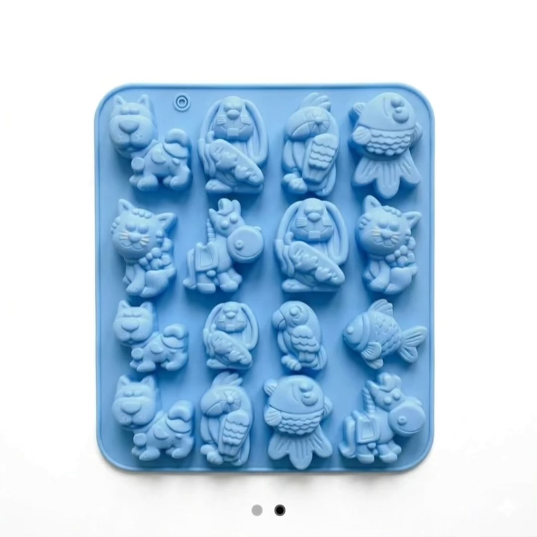 Blue 16-cavity diy silicone mold with cartoon animal shapes including cat, dog, rabbit, bird, fish, and donkey.
