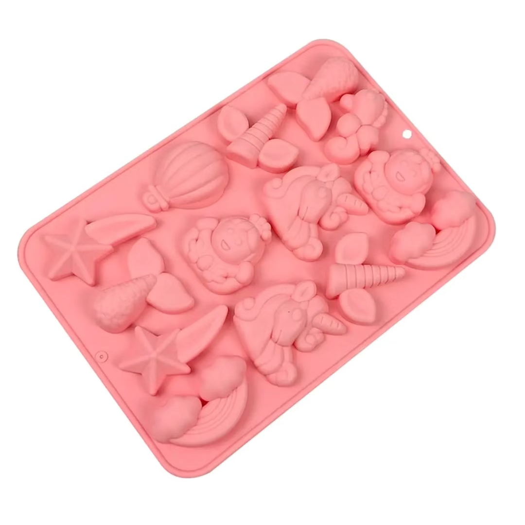 Pink 16-cavity DIY silicone craft mould featuring unicorn, mermaid tail, shooting star, rainbow, and hot air balloon shapes.