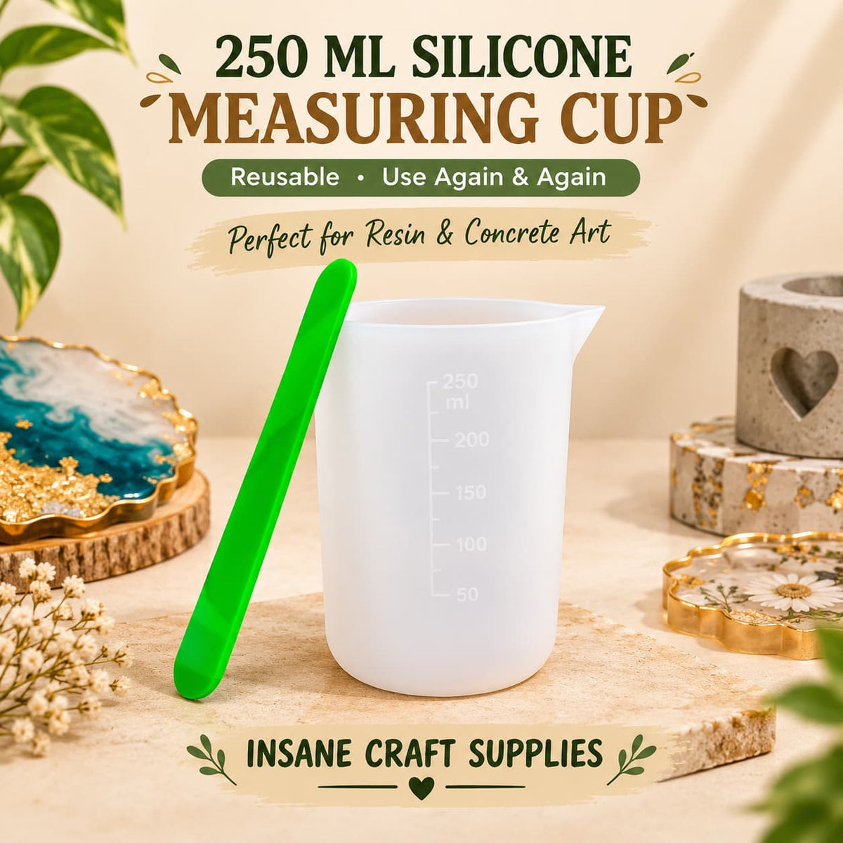 250ml reusable silicone measuring cup with green mixing spatula for resin art and concrete art by Insane Craft Supplies