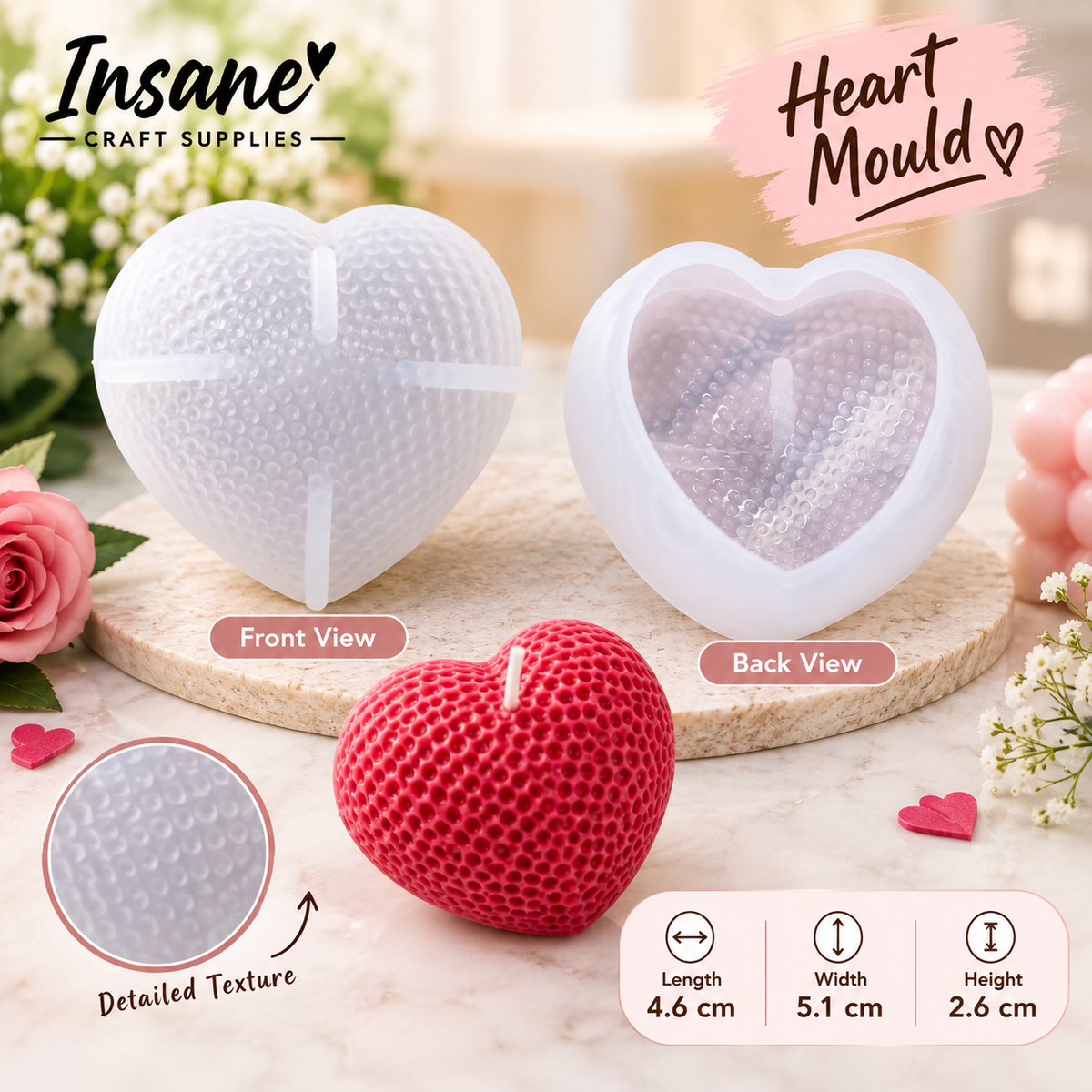3D bubble heart silicone candle mould for candle making – 4.6 x 5.1 x 2.6 cm