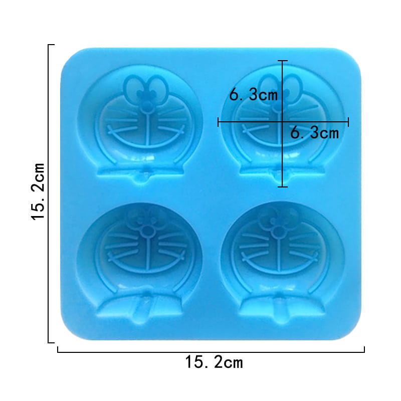 Blue silicone mold with cartoon character design and measurements on a white background
