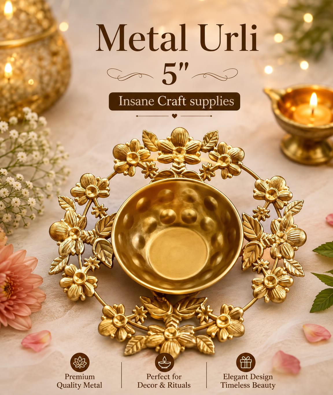5 inch decorative metal urli with floral design for home decor, Diwali and festive decoration