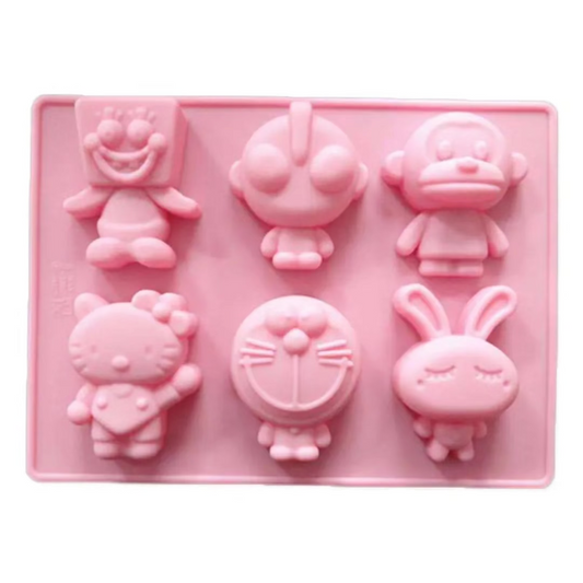 Pink 6-cavity DIY silicone mould featuring cartoon characters like Hello Kitty, Doraemon, Spongebob, Ultraman, Monkey, and Bunny.