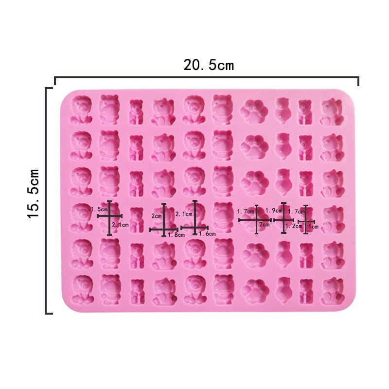 Pink silicone mold with bear shapes and measurements on a white background