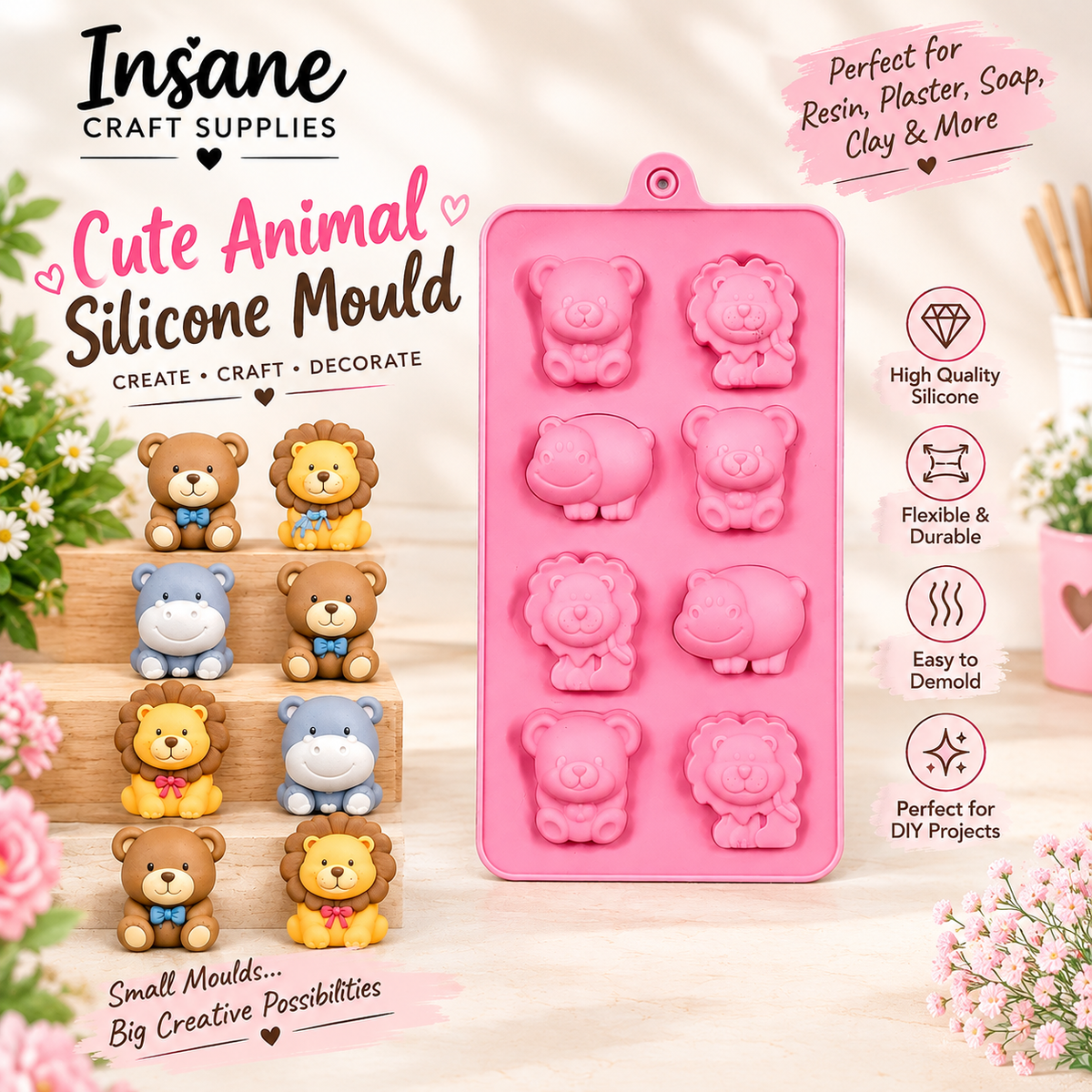 Pink 8-cavity cute animal silicone DIY mould with teddy bear, lion, and hippo shapes alongside painted sample craft figures.