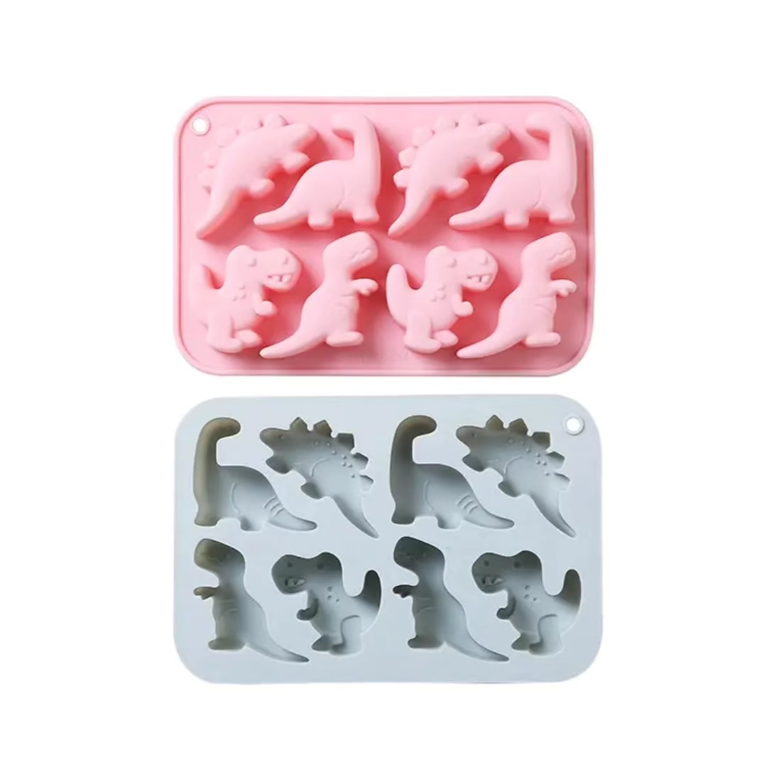 Pink and grey 8-cavity dinosaur silicone DIY moulds showing front and back cavity details for concrete, candle, and resin crafts.
