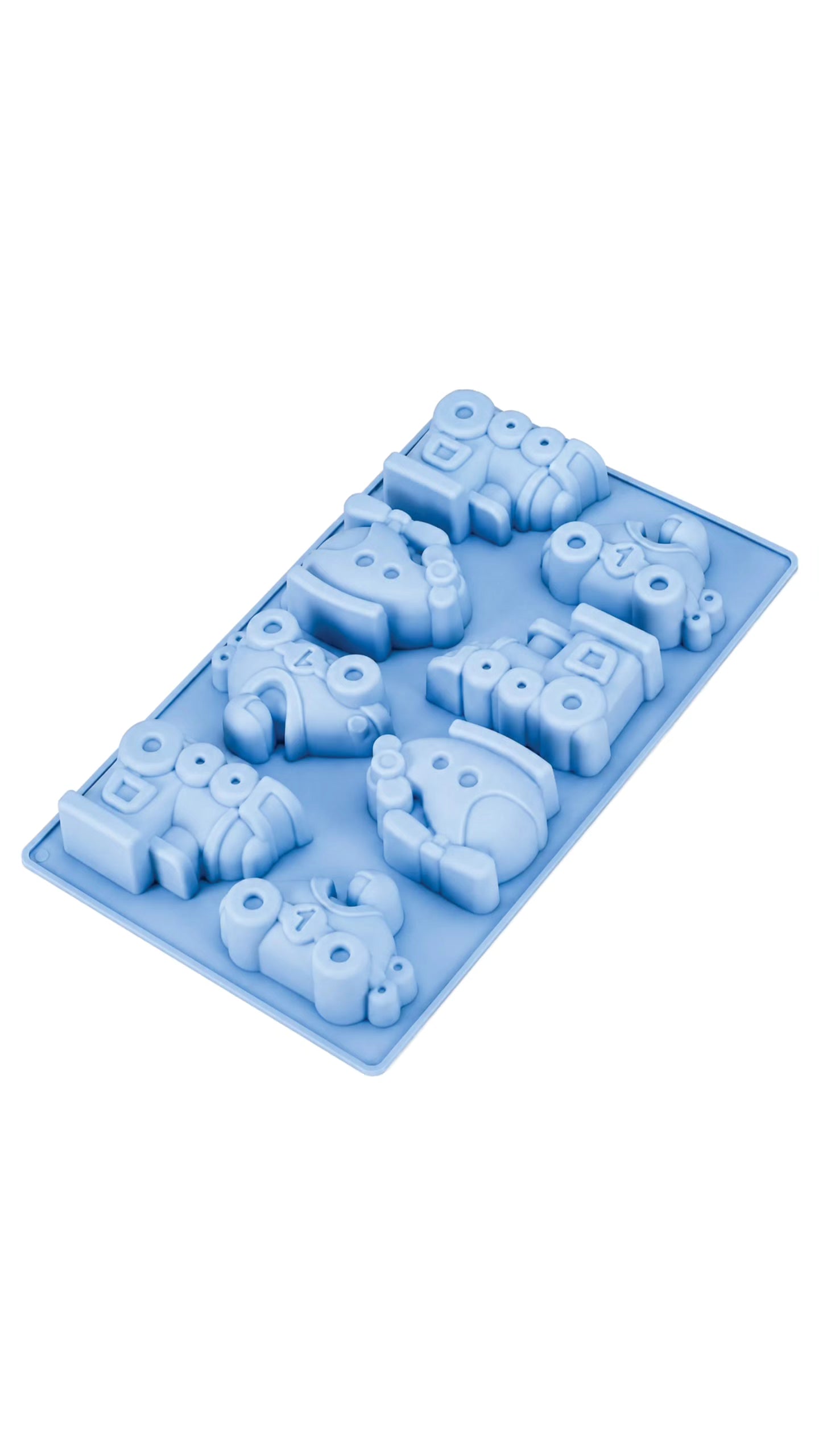 Blue 8 cavity DIY concrete art mould featuring multiple toy vehicle designs for concrete casting, painting and decorative craft projects.