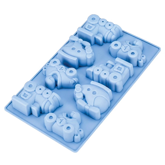 Blue 8 cavity DIY concrete art mould featuring multiple toy vehicle designs for concrete casting, painting and decorative craft projects.