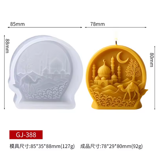 Silicone mold with desert scene design and measurements on a white background