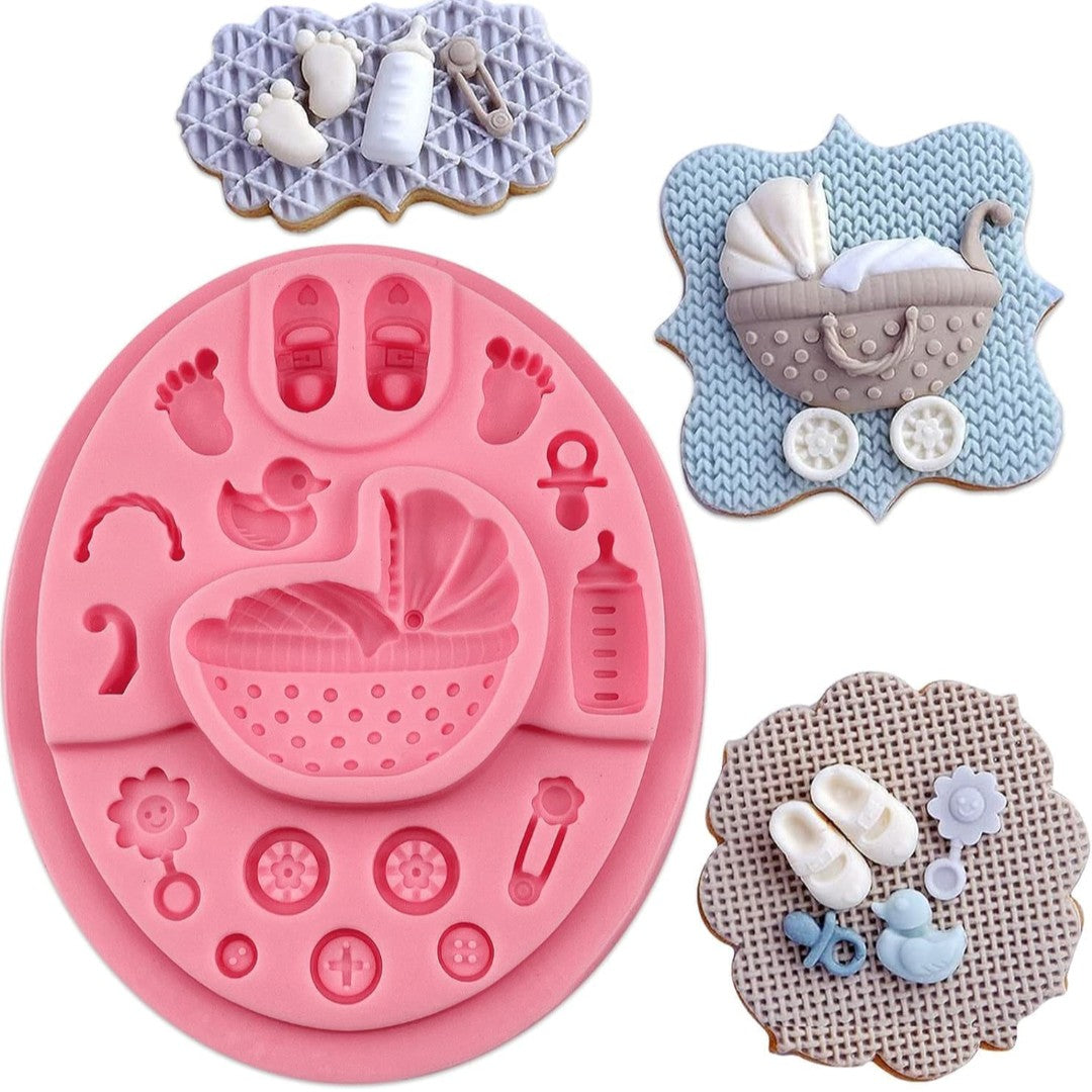 Pink silicone baking mold with baby-themed cavities, shown alongside three decorated cookies featuring a baby stroller, footprints, and a pacifier design.