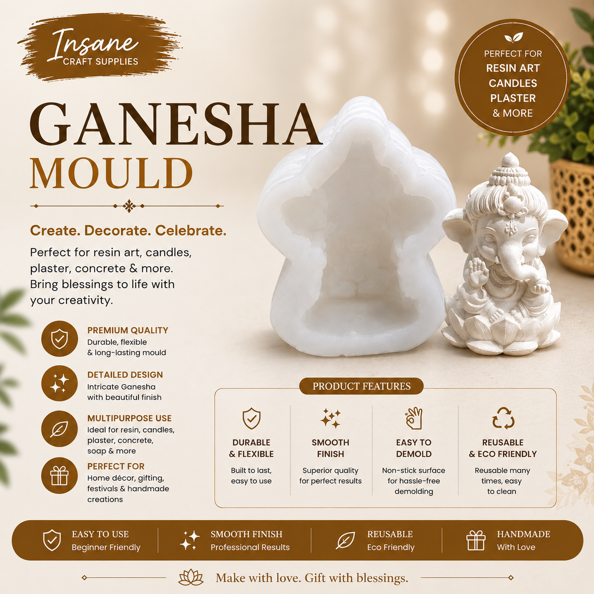 Ganesha silicone mould with detailed Lord Ganesha idol for resin art, plaster, concrete and DIY crafts