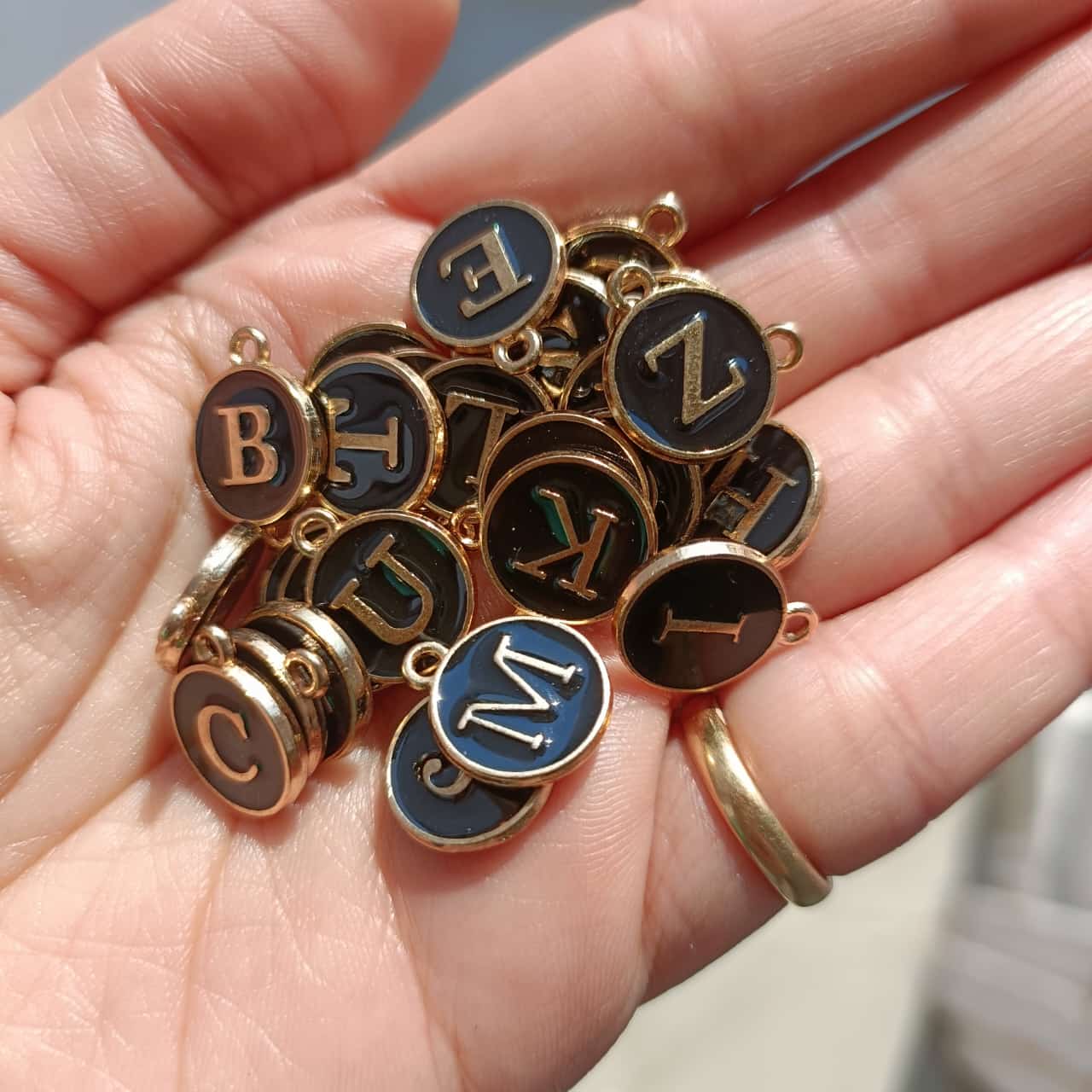 Black Alphabet Round metal charm 
metal charm