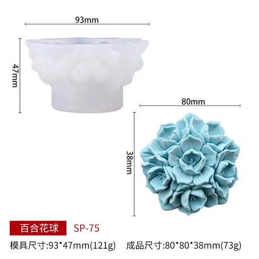 Measurement chart of a blue flower mold with dimensions and weight information.
