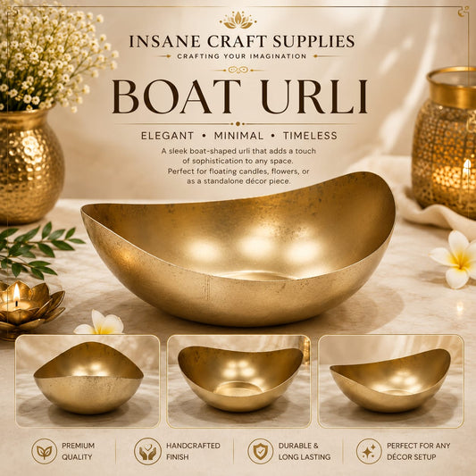 A gold boat-shaped decorative urn displayed on a marble surface with decorative props, flowers, and candle holders. The image includes marketing text reading 'INSANE CRAFT SUPPLIES' and 'BOAT URLI,' plus three smaller product view insets at the bottom showing different angles of the urn.