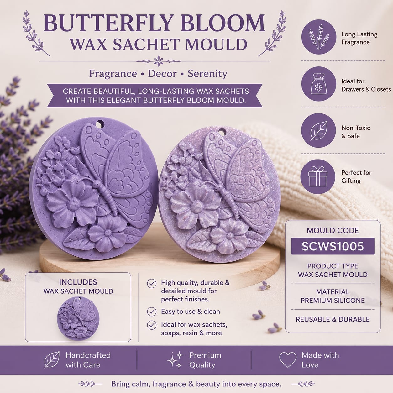 Butterfly Bloom wax sachet mould with product details on a light background