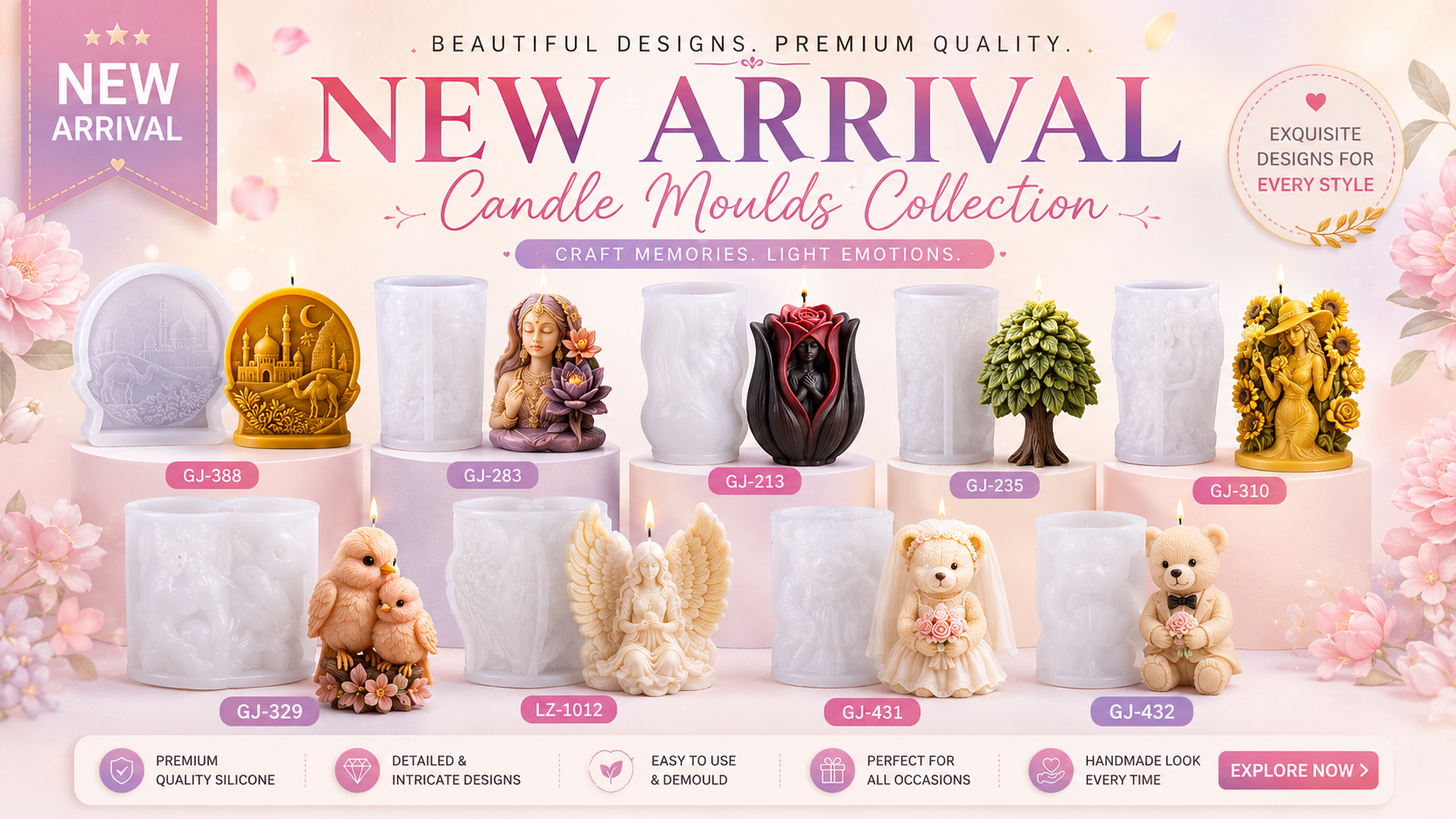 Candle moulds collection with various designs on a promotional background