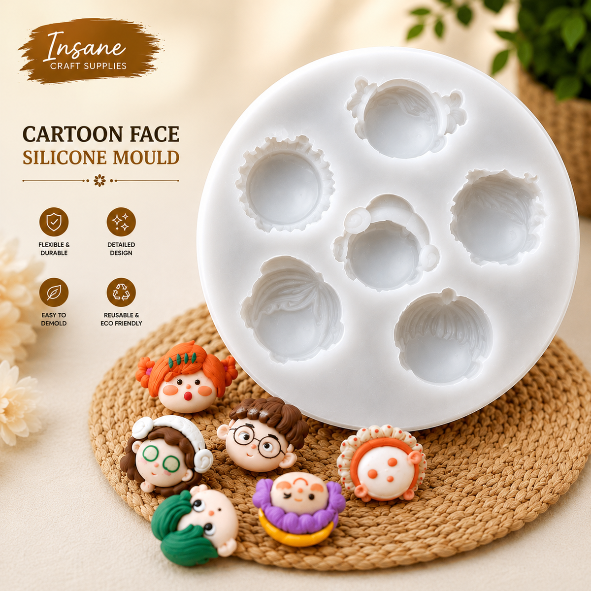 White silicone face mould tray with multiple cartoon face cavities, shown on a woven mat with small clay character pieces and product text on a beige background.