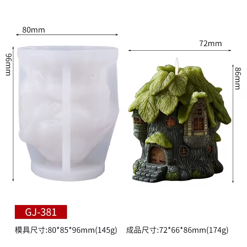 Silicone mold shaped like a tree house with dimensions displayed