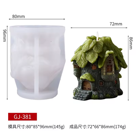 Silicone mold shaped like a tree house with dimensions displayed