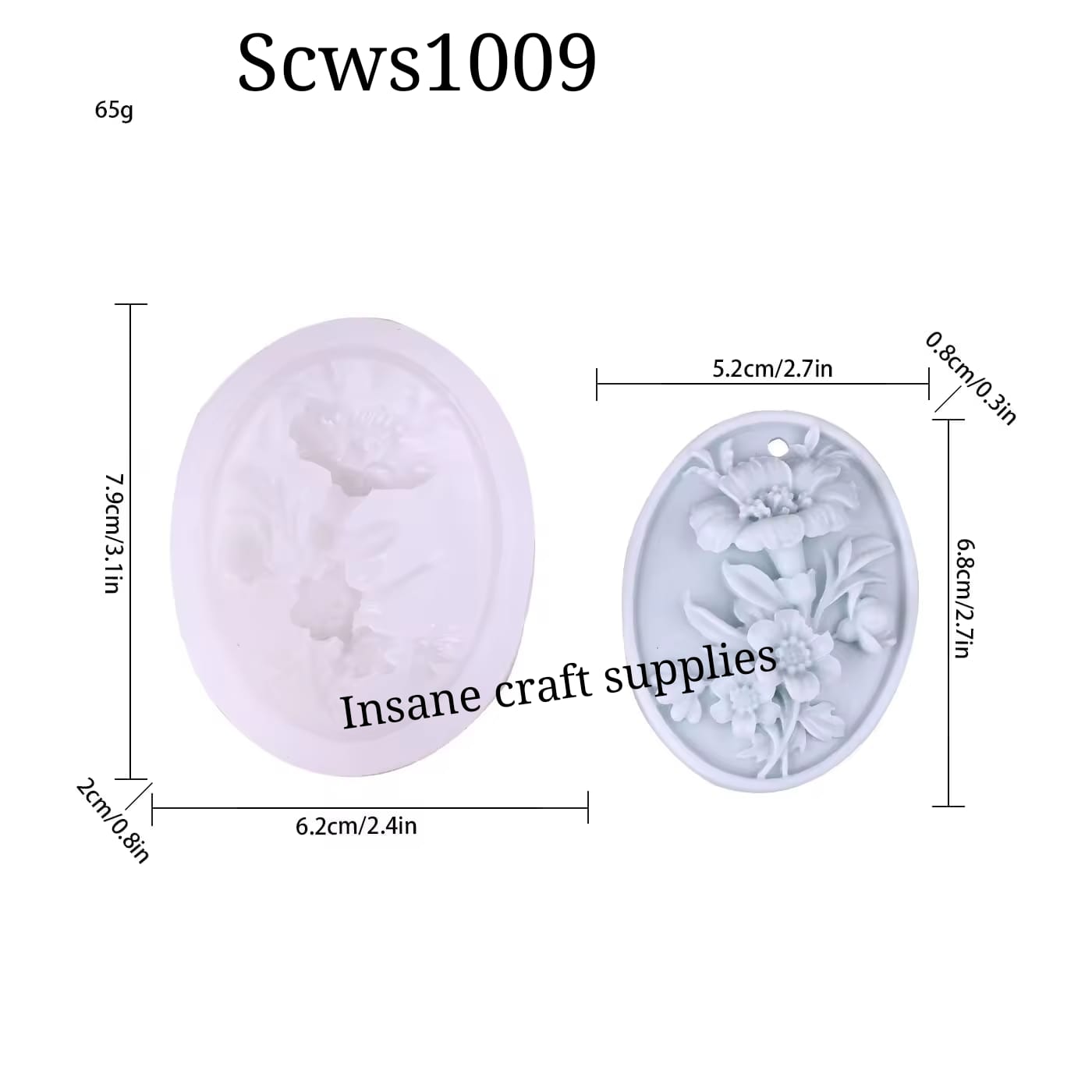 Silicone mold with floral design and measurements on a white background