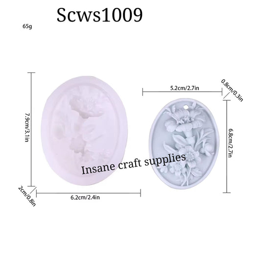 Silicone mold with floral design and measurements on a white background