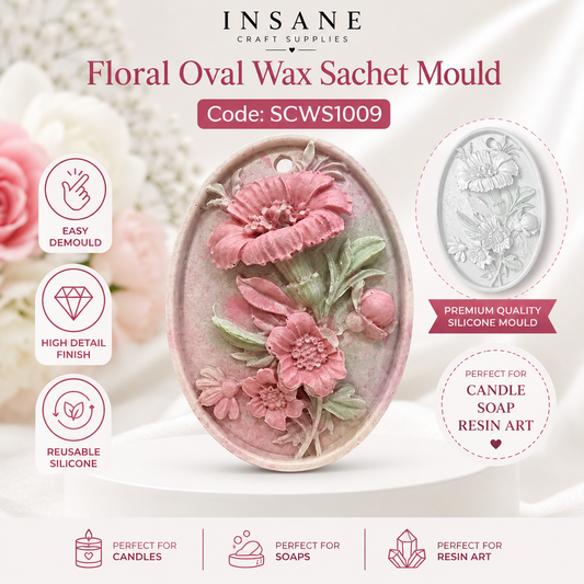 Floral oval wax sachet mould with product details on a white background