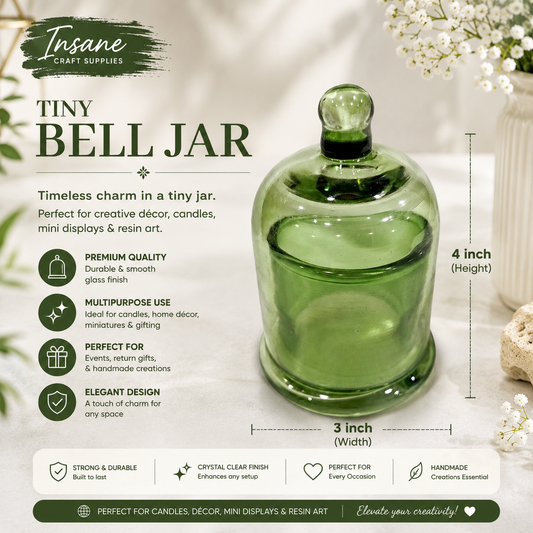 Green glass bell jar candle holder with dimensions labeled as 4 inches tall and 3 inches wide, shown on a soft beige background with decorative flowers and product feature icons. Brand text 'Insane Craft Supplies' is visible.