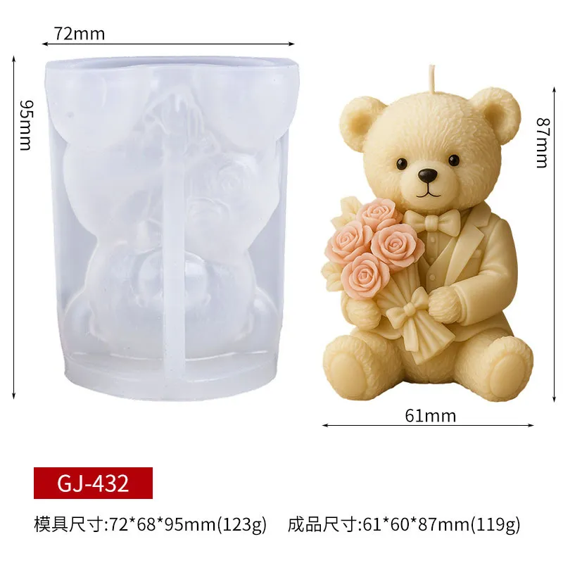 Silicone mold shaped like a teddy bear holding flowers with dimensions displayed.