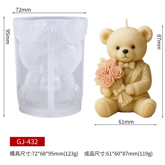 Silicone mold shaped like a teddy bear holding flowers with dimensions displayed.