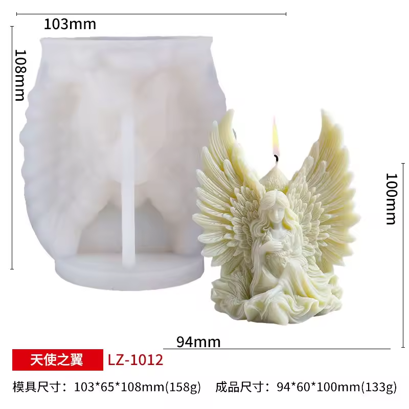 Silicone mold shaped like an angel with wings and dimensions displayed.