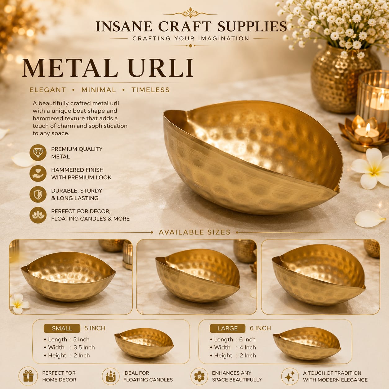 A promotional graphic for the 'Metal Urli' bowl by Insane Craft Supplies, showing a large hammered gold metal bowl, smaller size options, and product features on a warm beige background decorated with white flowers and brass lamps.