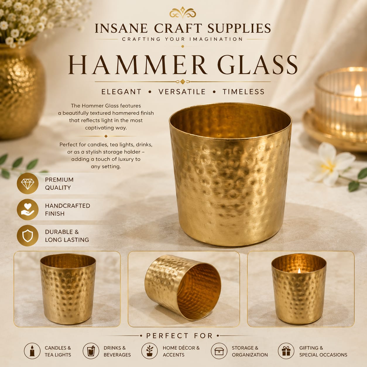 Hammer glass candle holder by Insane Craft Supplies, featuring a hammered metallic gold finish, shown in a warm, elegant setting with candles and text detailing its features.