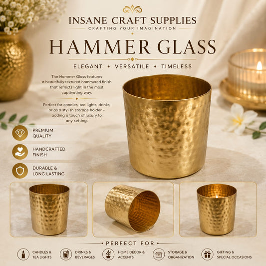 Hammer glass candle holder by Insane Craft Supplies, featuring a hammered metallic gold finish, shown in a warm, elegant setting with candles and text detailing its features.