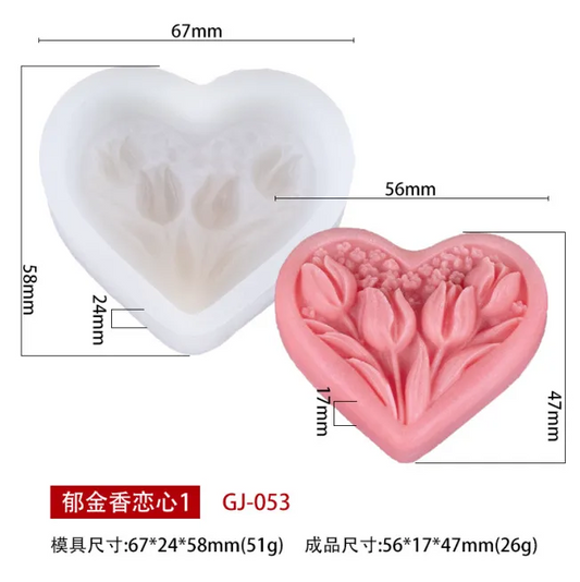 Heart-shaped silicone mold with floral design, showing measurements on a white background.