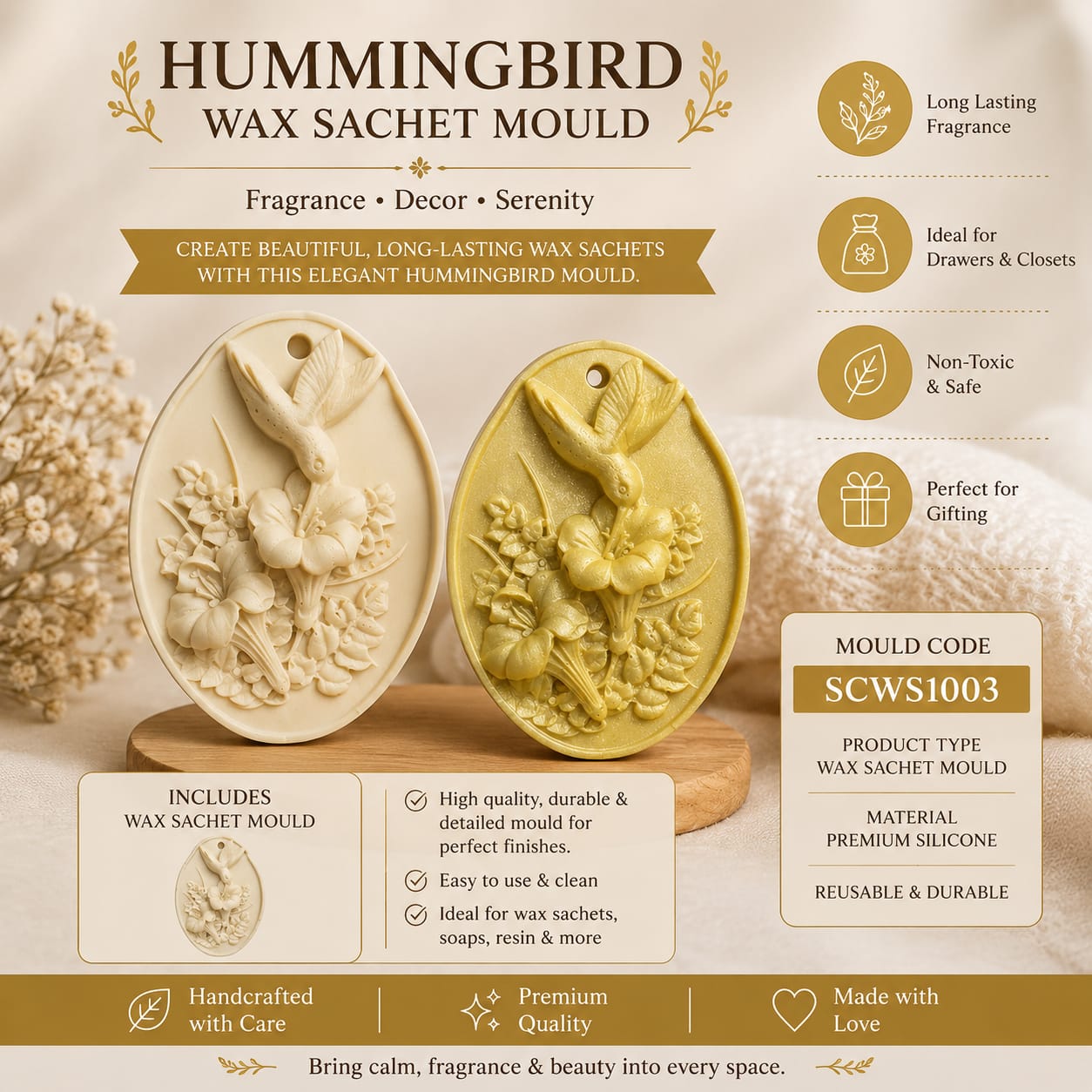 Hummingbird wax sachet mould with product details on a wooden stand.