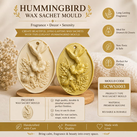 Hummingbird wax sachet mould with product details on a wooden stand.