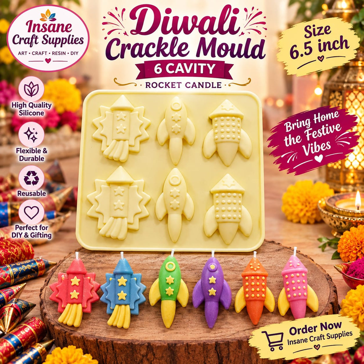 Insane Craft Supplies 6 Cavity Diwali Rocket Cracker Silicone Mould (6.5 Inch) – Reusable Silicone Mould for Festival Rocket Candle Making & Wax Melts
