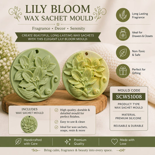 Lily Bloom wax sachet mould with decorative elements on a neutral background
