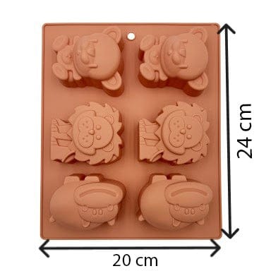 Silicone mold with cartoon character designs and dimensions on a white background