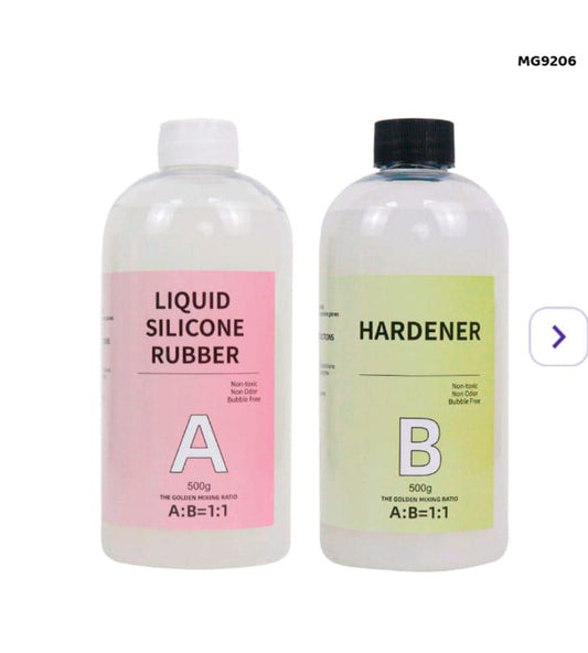 Two bottles labeled 'Liquid Silicone Rubber' and 'Hardener' on a white background.