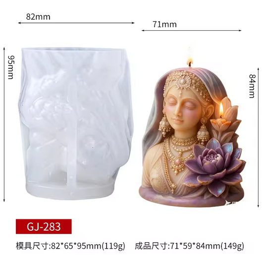 Silicone mold and candle with decorative design, showing dimensions.